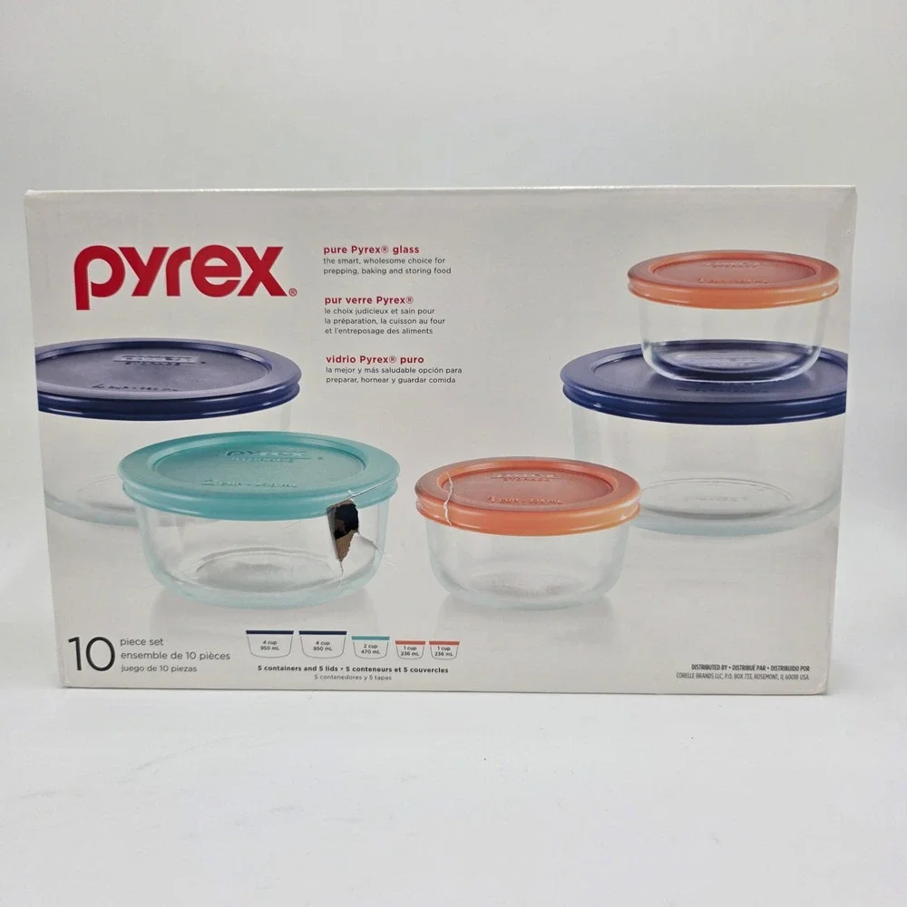 Pyrex 10 Piece Glass Food Storage Set Round Containers with Lids Multi Color